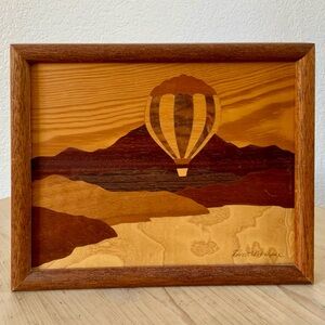 Framed Wood Inlay Hot Air Balloon Wall Art, Artist Signed